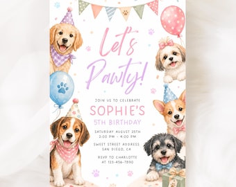 Invitación de cumpleaños con temática canina "Let's Pawty", invitación para fiesta de cumpleaños infantil con temática de cachorros, plantilla de invitación de cumpleaños con temática canina KBD012