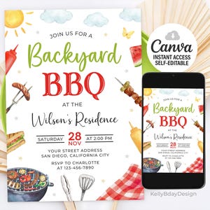 May include: A printable invitation for a backyard BBQ party. The invitation features a watercolor illustration of a grill, food, and a red and white checkered picnic blanket. The text on the invitation reads "Join us for a Backyard BBQ at the Wilson's Residence, Saturday, November 28 at 2:00 PM. Your street address, San Diego, California City. RSVP to Charlotte at 123-456-7890."