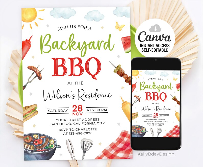 May include: A printable invitation for a backyard BBQ party. The invitation features a watercolor illustration of a grill, food, and a red and white checkered picnic blanket. The text on the invitation reads "Join us for a Backyard BBQ at the Wilson's Residence, Saturday, November 28 at 2:00 PM. Your street address, San Diego, California City. RSVP to Charlotte at 123-456-7890."