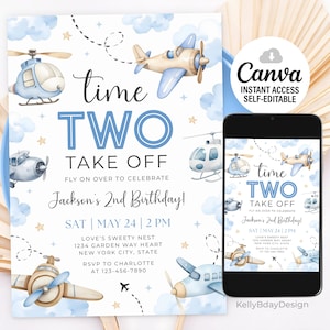 Take Flight Invite Editable Airplane Birthday Invitation, Time Two Take off Boy 2nd ...