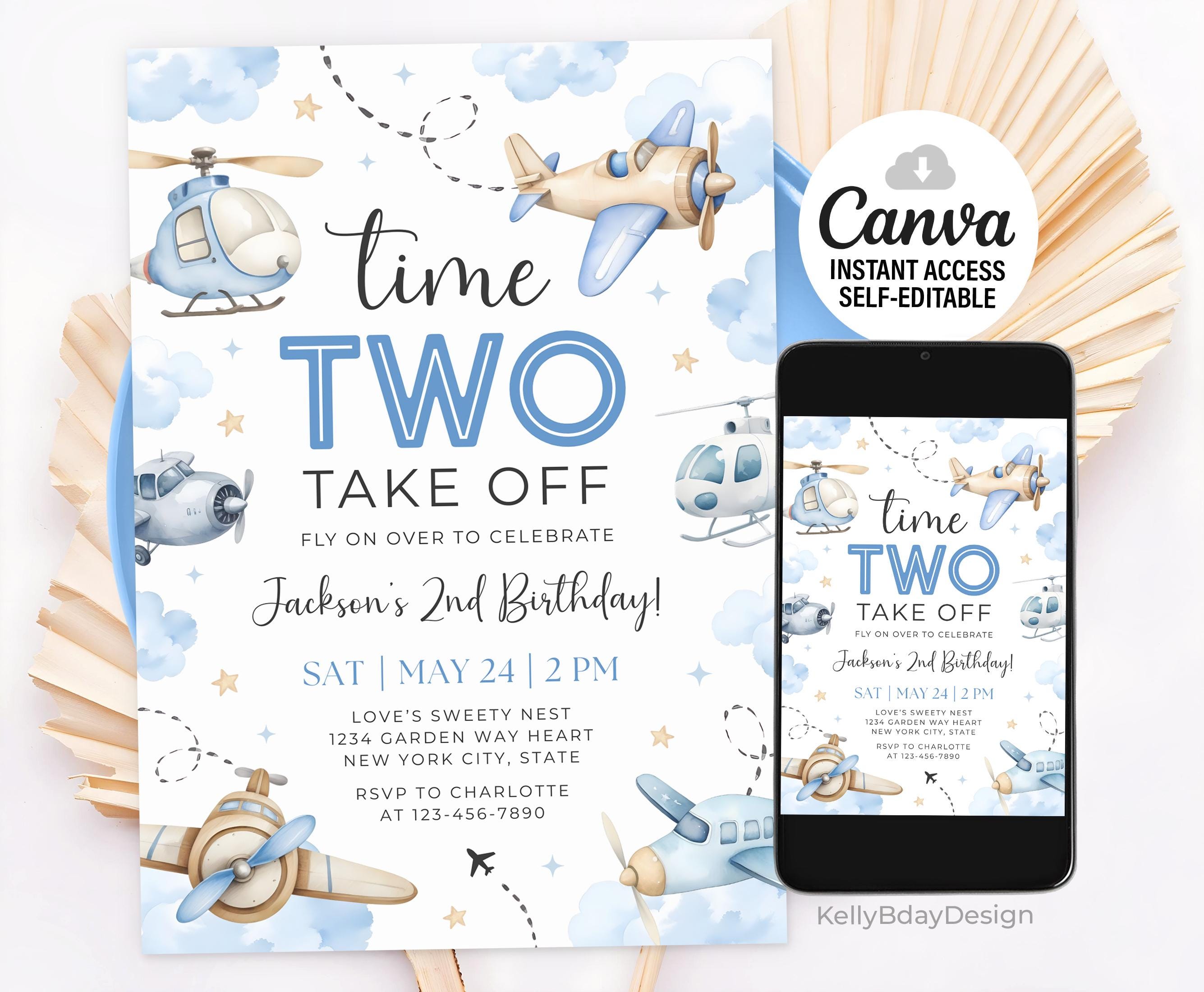 Take Flight Invite Editable Airplane Birthday Invitation, Time Two Take off Boy 2nd ...