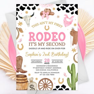2回目のロデオ招待状、カウガールの誕生日招待状、私の2回目のロデオ招待状、女の子の2歳の誕生日招待状、Canvaテンプレート