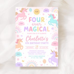 May include: A rectangular birthday party invitation featuring pastel unicorns, rainbows, clouds, and a sun. The text reads: FOUR ever MAGICAL, PLEASE JOIN US TO CELEBRATE, Charlotte's 4TH BIRTHDAY PARTY, SATURDAY 28 NOV AT 2:00 PM, ANDERSON'S RESIDENCE, 245 BIRTHDAY PARTY AVENUE, OAKLAND, CALIFORNIA, ZIP, RSVP TO EMMA ANDERSON AT 123-456-7890.