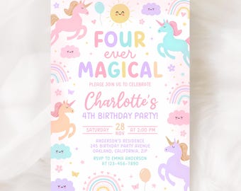 Invitación de cumpleaños de unicornio, invitación de cumpleaños para niña mágica de 4 años, plantilla arcoíris pastel KBD034