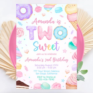 May include: A pink and white birthday invitation with a watercolor illustration of donuts, ice cream, and other sweets. The text reads "Amanda is Two Sweet" and includes details for a 2nd birthday party.
