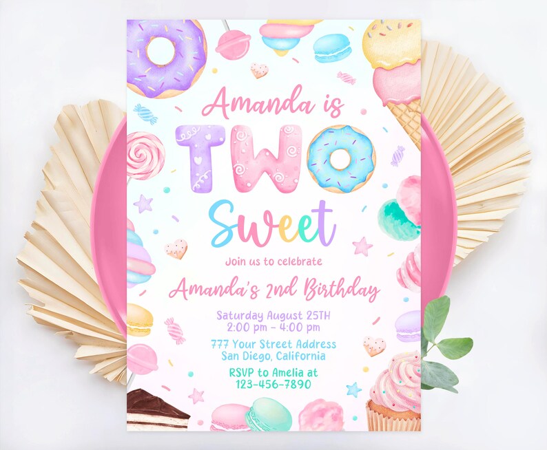 May include: A pink and white birthday invitation with a watercolor illustration of donuts, ice cream, and other sweets. The text reads "Amanda is Two Sweet" and includes details for a 2nd birthday party.