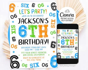 Invitación de sexto cumpleaños, invitación para fiesta de cumpleaños de niño, invitaciones de sexto cumpleaños de niño, plantilla de Canva