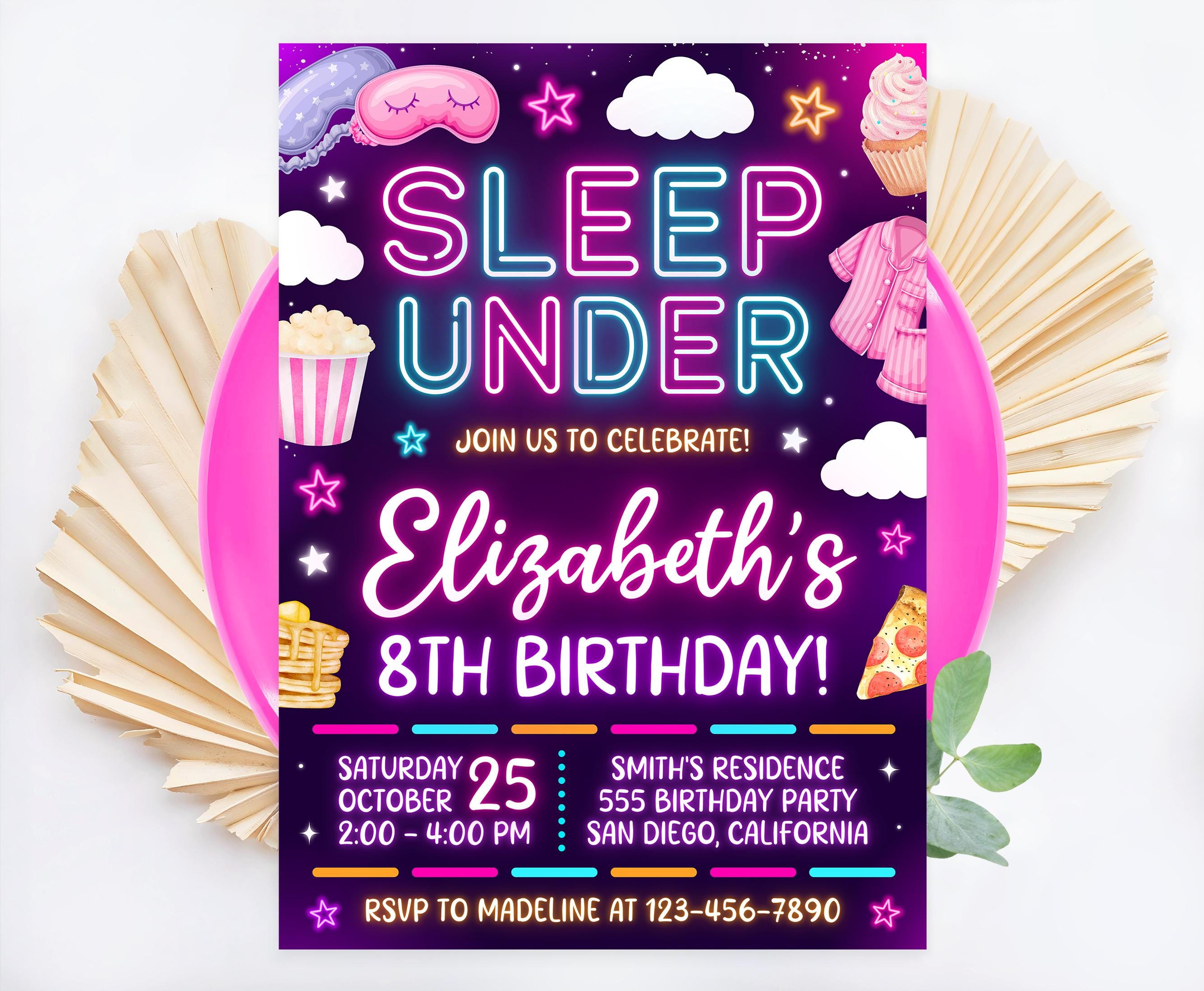Sleepunder Birthday Invitation, Pajama Party Birthday Invite, Neon Sleepunder Invitation, Canva Template