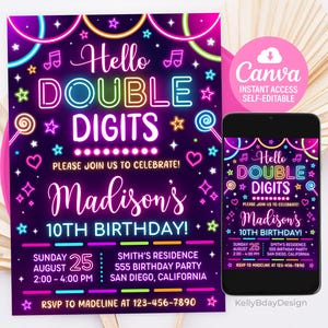 Könnte beinhalten: Neon-rosa und blaue Geburtstagseinladung mit dem Text "Hello Double Digits" und "Madison's 10th Birthday!" Die Einladung enthält Details für eine Party am Sonntag, den 25. August von 14:00 bis 16:00 Uhr in der Residenz Smith, 555 Birthday Party, San Diego, Kalifornien.  RSVP an Madeline unter 123-456-7890.