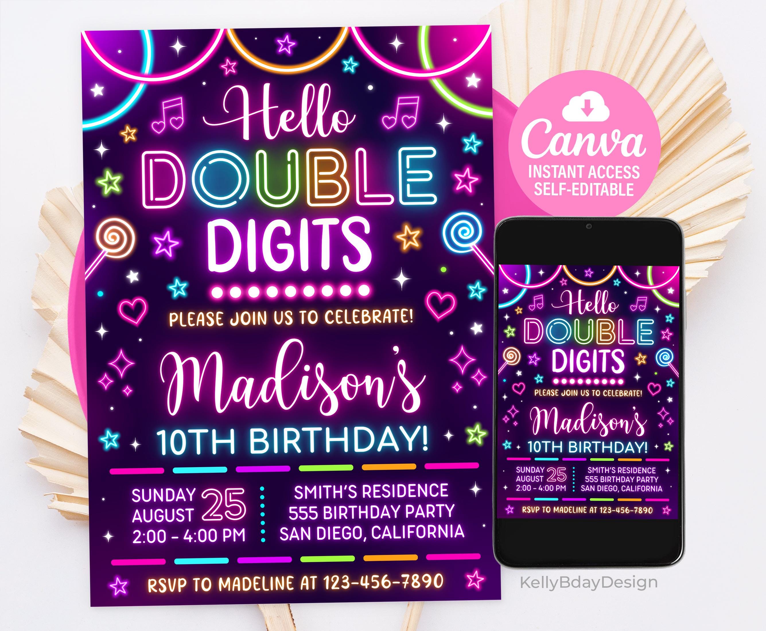 Hello Double Digits Birthday Invitation, Double Digits Birthday Invite, 10th Birthday Invitation, Canva Template