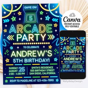 May include: A neon-style invitation for an arcade-themed 5th birthday party. The design features the words "ARCADE PARTY" and "ANDREW'S 5TH BIRTHDAY!" in bright colors, along with an arcade machine graphic and star accents. A smartphone displays the same design.