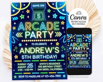 Może przedstawiać: Neonowe zaproszenie na urodziny w stylu arcade. Projekt zawiera napisy "ARCADE PARTY" i "5TH BIRTHDAY!" w jasnych kolorach, z grafiką automatu do gier i gwiazdami. Smartfon wyświetla ten sam projekt.