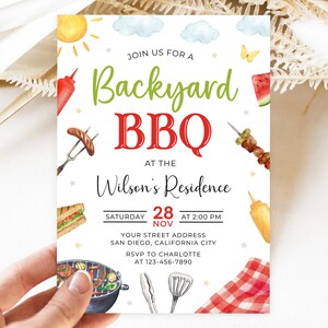 May include: A white invitation with a red and green title that says "Backyard BBQ" and a date of Saturday, November 28th at 2:00 PM. The invitation has a watercolor illustration of a grill, food, and other summer-themed items.