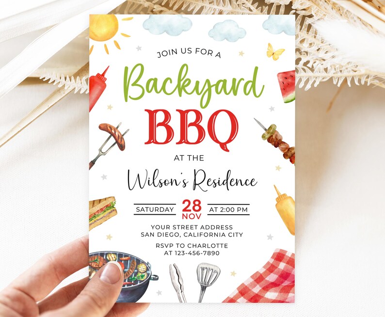 May include: A white invitation with a red and green title that says "Backyard BBQ" and a date of Saturday, November 28th at 2:00 PM. The invitation has a watercolor illustration of a grill, food, and other summer-themed items.