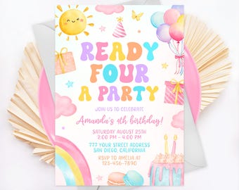 Invitación editable para fiesta, invitación para el 4.º cumpleaños de niña, invitación para fiesta de cumpleaños de primavera, plantilla de Canva