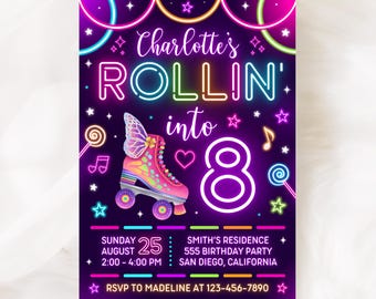 Uitnodiging voor een rolschaatsverjaardagsfeestje, neon rolschaatsfeestuitnodiging sjabloon KBD017