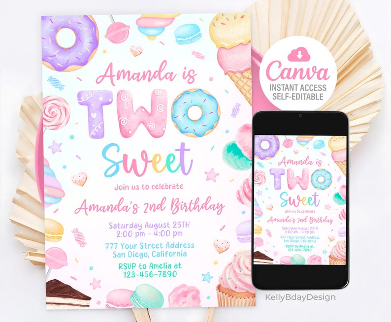 May include: A printable invitation for a 2nd birthday party with a sweet theme. The invitation features a pink and purple donut, a pink cupcake, a lollipop, and a ice cream cone. The text on the invitation reads "Amanda is Two Sweet" and includes details about the party, such as the date, time, and location. The invitation is designed to be edited using Canva.