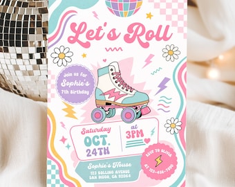 Verjaardagskaart voor een meisje met rolschaatsen, retro regenboog uitnodiging sjabloon KBD061
