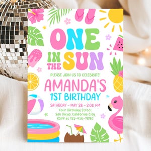 Redigerbar "One In The Sun"-inbjudan till 1-årsdagen, poolpartyinbjudan, sommarfödelsedagsfestinbjudan, Canva-mall