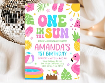 Editable One In The Sun 1st Birthday Invitation, Pool Party Invitation, Summer Birthday Party Invite, Canva Template