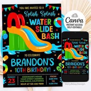Water Slide Birthday Invitation, Water Slide Summer Pool Party Invite, Summer Birthday Party Invitation, Waterslide Invites, Canva Template