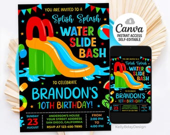 May include: A black invitation for a water slide birthday party. The invitation features a colourful water slide graphic and the text "Splish Splash Water Slide Bash" and "Brandon's 10th Birthday!" The Canva logo is also visible.