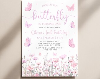 Invitación de cumpleaños con mariposas florales, primer cumpleaños de niña en rosa y morado, plantilla de invitación de mariposa KBD025