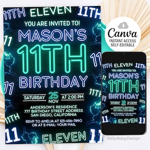 May include: A neon green and blue birthday invitation with a black background and lightning bolts. The invitation says "You are invited to! Mason's 11th Birthday" with the number 11 in large neon green letters. The invitation also includes the date, time, and location of the party.