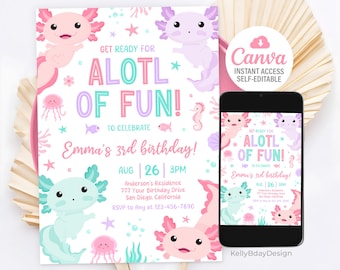 Axolotl Birthday Invitation, Alotl Fun Invitation, Girl Birthday Party Invite, Axolotl Invites, Canva Template
