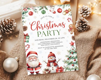 May include: A Christmas party invitation with festive watercolor illustrations. The invitation features Santa Claus, a snowman, a Christmas tree, and the text "Join us for a Christmas Party". The date and time are also included.