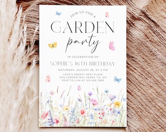 Invitación de cumpleaños con flores silvestres, invitación para fiesta en el jardín, invitación para cumpleaños de 16, 18 y 21 años, plantilla Canva.