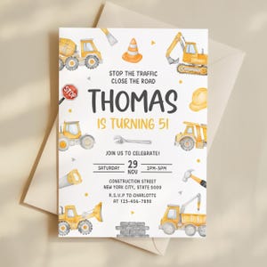 Invitación de construcción, invitación de cumpleaños para niño con temática de construcción, plantilla para fiesta de camión volquete KBD004