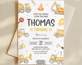 Invitación de construcción, invitación de cumpleaños para niño con temática de construcción, plantilla para fiesta de camión volquete KBD004