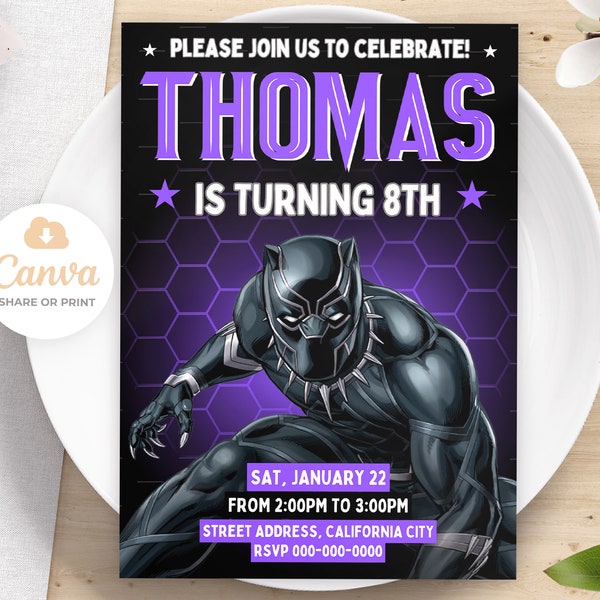 Black Panther Birthday Invitation, Printable Black Panther Invitation, Kids Birthday Party Invite, Canva Editable Invites 5x7