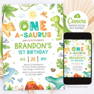 Dinosaur Birthday Party Invitation, One-A-Saurus Birthday Invite, Dinosaur 1st Birthday, Boy First Birthday Invitation, Canva Template
