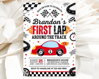 Race Car First Birthday Invitation, First Lap Around The Track Birthday Invite, Racing Car Birthday Invites, Canva Template