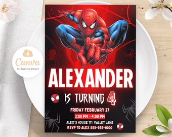 Faire-part d'anniversaire Spiderman, invitation Spiderman imprimable, invitation de fête d'anniversaire pour enfants, invitations modifiables sur toile 5 x 7