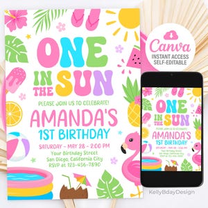 Editable One In The Sun 1st Birthday Invitation, Pool Party Invitation, Summer Birthday Party Invite, Canva Template