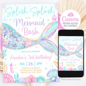 Faire-part d'anniversaire de sirène, fête d'anniversaire de sirène modifiable sous la mer, invitations de fête d'anniversaire de sirène, modèle de toile