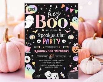 Hey Boo verjaardagskaart, Halloweenfeestuitnodiging, pastelkleurige spookverjaardagskaart sjabloon KBD068