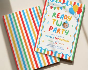 Invitación de cumpleaños para dos niños, plantilla de invitación colorida para el segundo cumpleaños de un niño KBD052