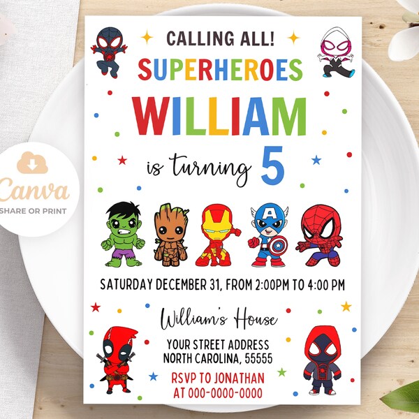 Superheroes Birthday Invitation, Printable Superheroes Invitation, Kids Birthday Party Invite, Canva Editable Invites 5x7