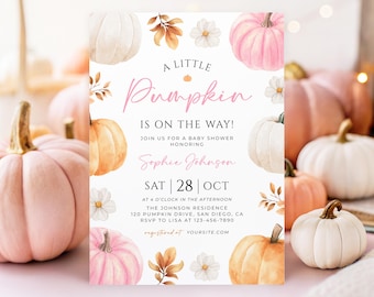 Babyshower uitnodiging met een klein pompoentje, roze pompoen babyshower uitnodiging, printbare herfst pompoen uitnodiging sjabloon KBD070
