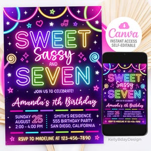 Sweet Sassy and Seven Birthday Invitation, 7th Birthday Girl Invite, Sweet Seven Neon Birthday Invitation, Canva Template