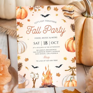 Halloween Fall Party Invitation, Autumn Harvest Party Invite, S&#39;more Fun Bonfire Invitation, Printable Friendsgiving Invite, Canva Template