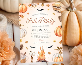 Invitación para fiesta de Halloween de otoño, invitación para fiesta de la cosecha de otoño, invitación para fogata con malvaviscos, invitación imprimible para Friendsgiving, plantilla de Canva