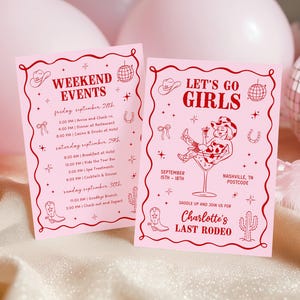 Last Rodeo Bachelorette Itinerary, Disco Cowgirl Bachelorette Invite Template, Nashville Western Country Weekend Planner, Canva Template