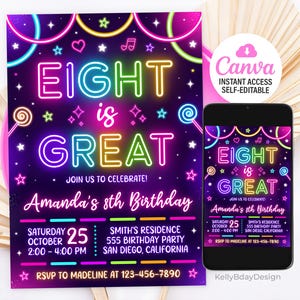 以下が含まれることがあります： ネオンカラーで「EIGHT is GREAT」と書かれた、鮮やかな誕生日招待状。招待状には、日付、時間、場所などのイベント詳細が含まれています。スマートフォンにも同じデザインが表示されています。デザインは自己編集可能です。