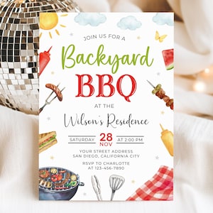 Backyard BBQ Party Invitation, Editable BBQ Party Invite, Barbecue Invitation, BBQ Grill Party Invitations, Canva Template image 1