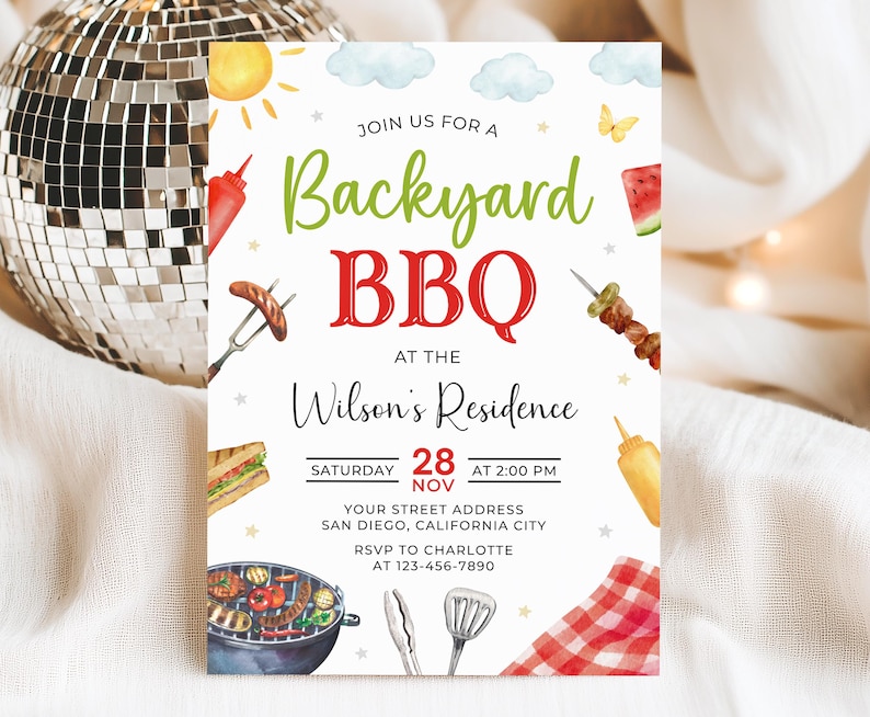 Backyard BBQ Party Invitation, Editable BBQ Party Invite, Barbecue Invitation, BBQ Grill Party Invitations, Canva Template image 1